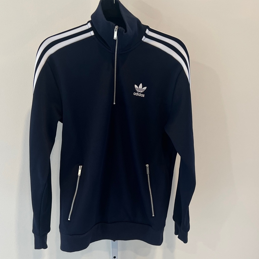 Adidas Navy Blue Half Zip Pullover Track Jacket with White 3 Stripes Mens Small
